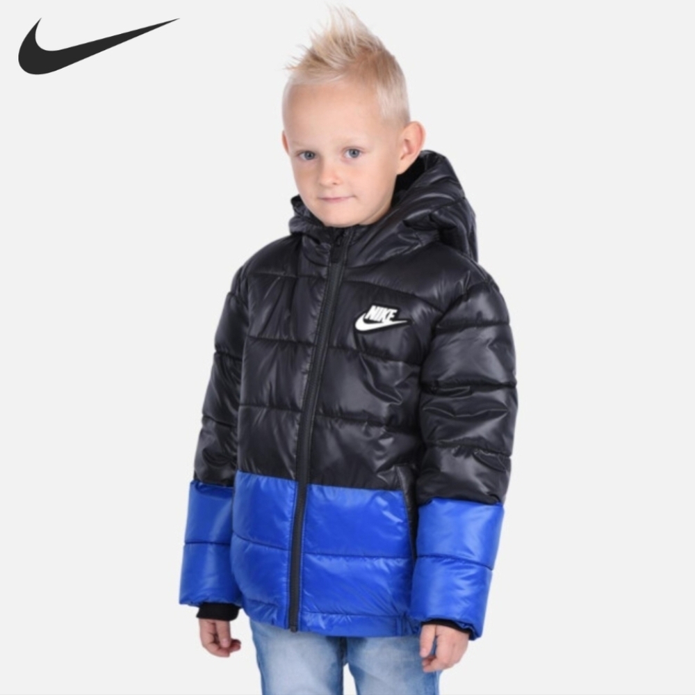 Nike Color Block Hooded Puffer Coat Size 2T (1-2 Years) in Black And Blue